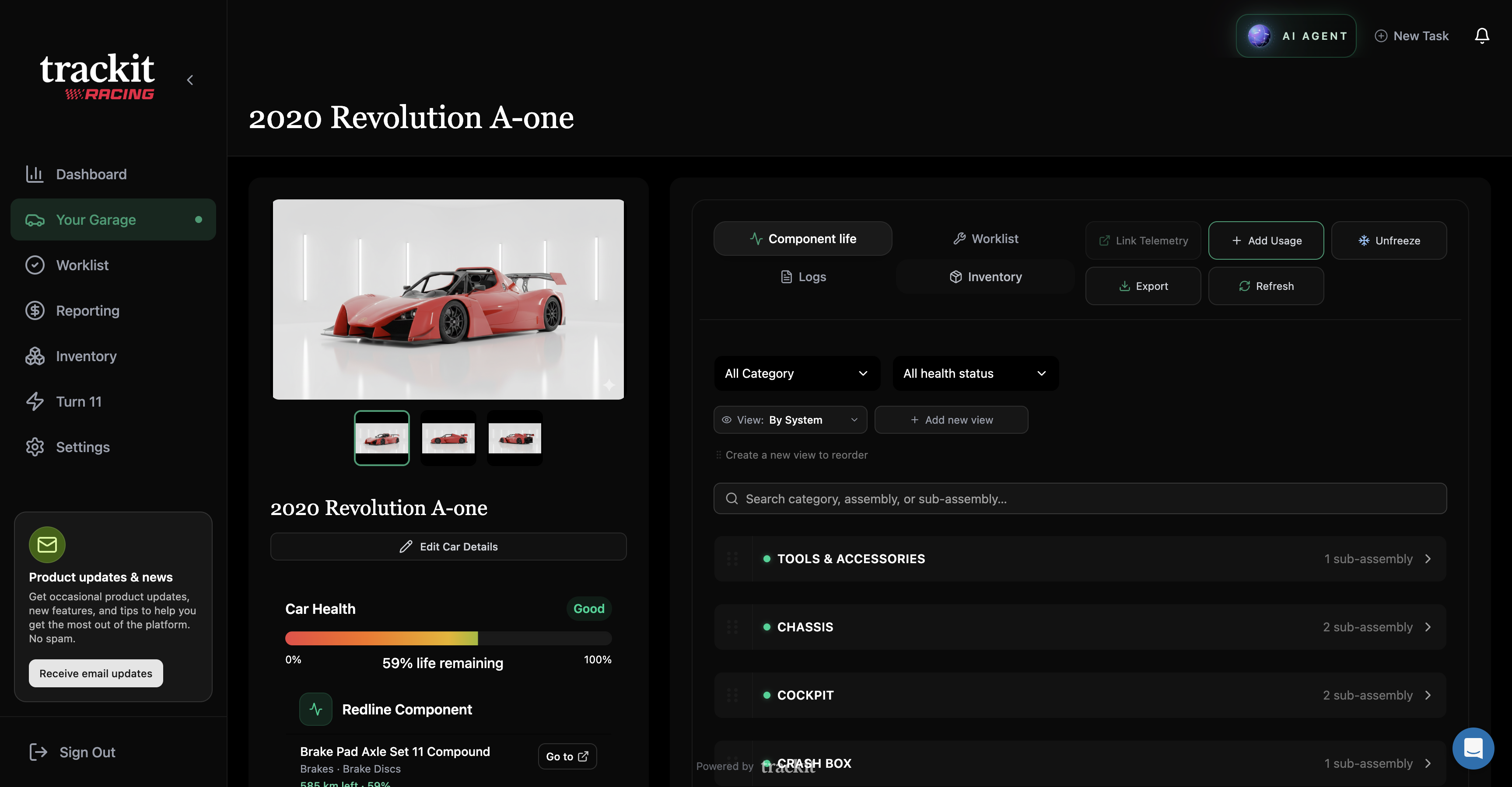 The trackit dashboard — component life, worklist, inventory and car health for a race car